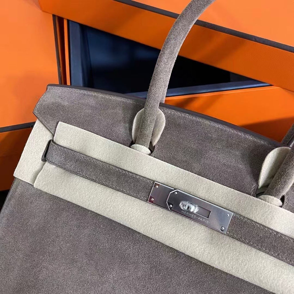 Birkin 30 Retourne in Etoupe Suede Grizzly with White Stitching (Palladium Hardware)