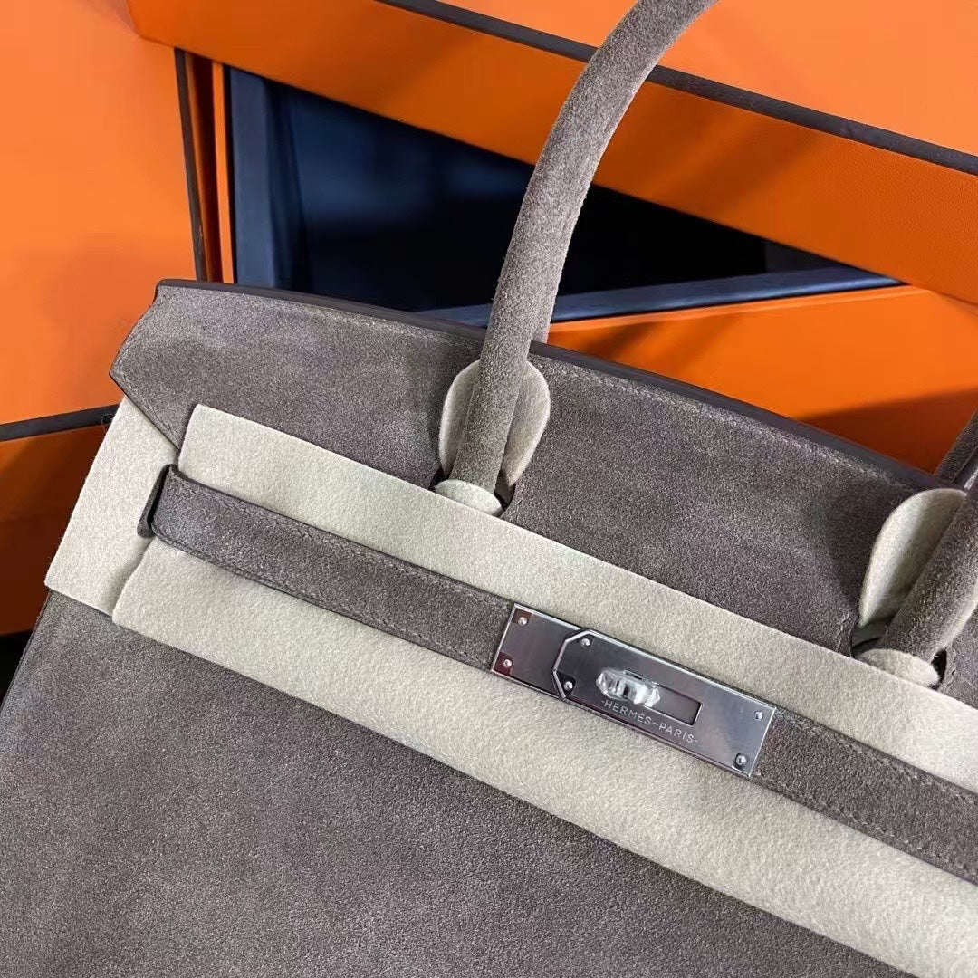 Birkin 30 Retourne in Etoupe Suede Grizzly with White Stitching (Palladium Hardware)