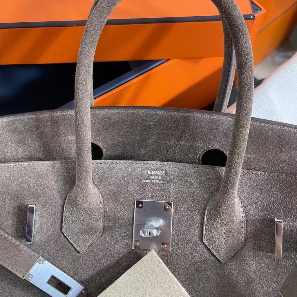 Birkin 30 Retourne in Etoupe Suede Grizzly with White Stitching (Palladium Hardware)