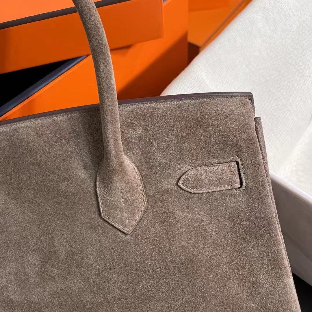 Birkin 30 Retourne in Etoupe Suede Grizzly with White Stitching (Palladium Hardware)