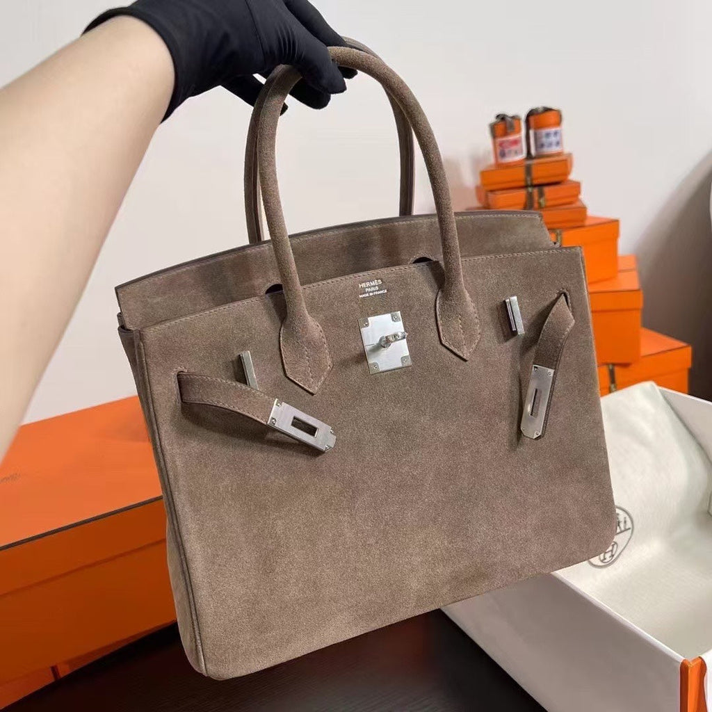 Birkin 30 Retourne in Etoupe Suede Grizzly with White Stitching (Palladium Hardware)