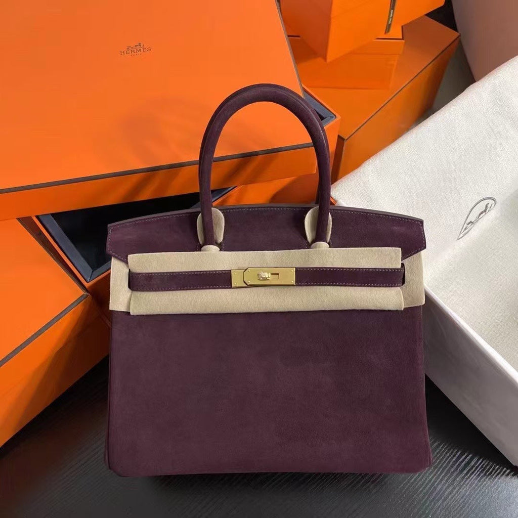 Birkin 30 Retourne in Bordeaux Suede Grizzly with White Stitching (Gold Hardware)