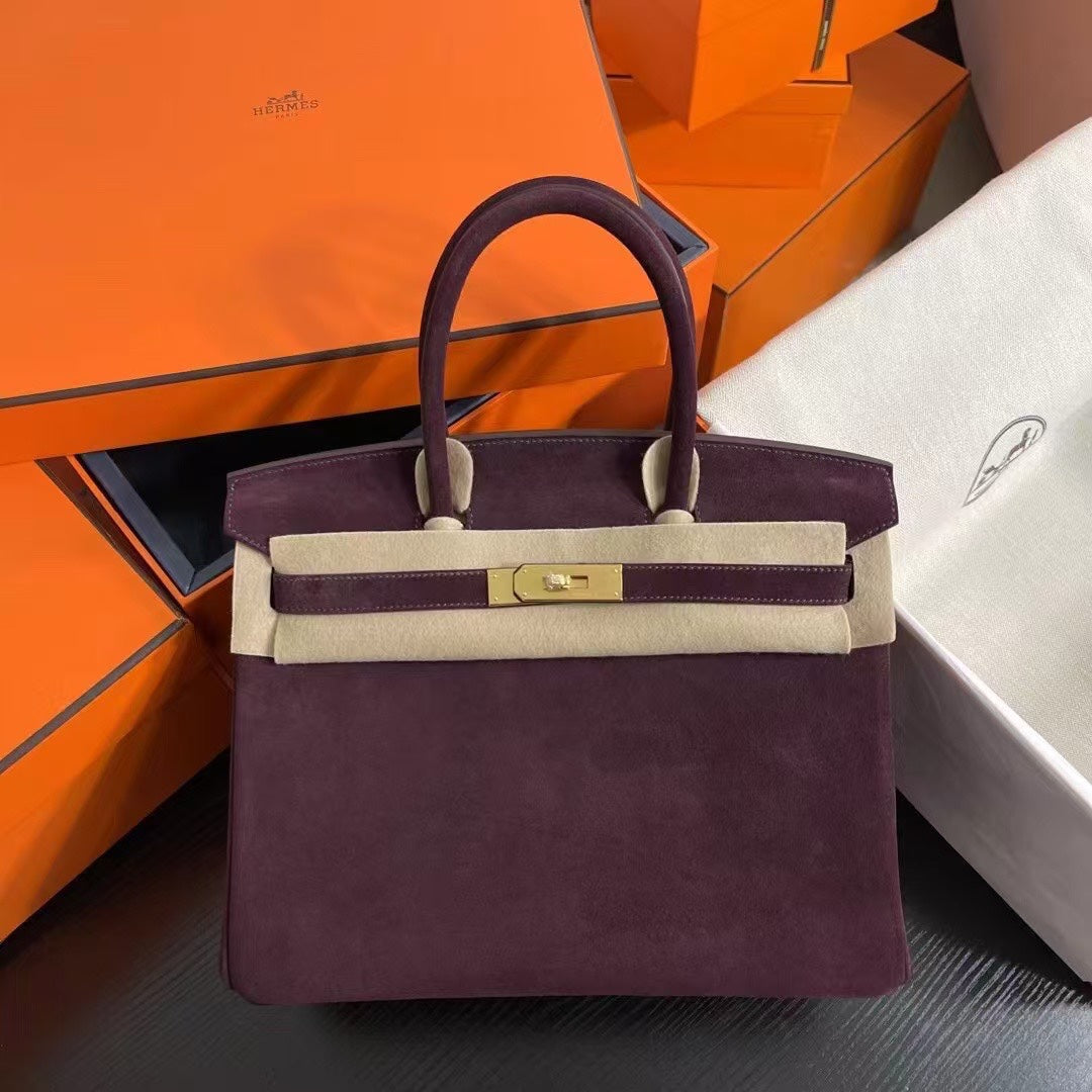 Birkin 30 Retourne in Bordeaux Suede Grizzly with White Stitching (Gold Hardware)