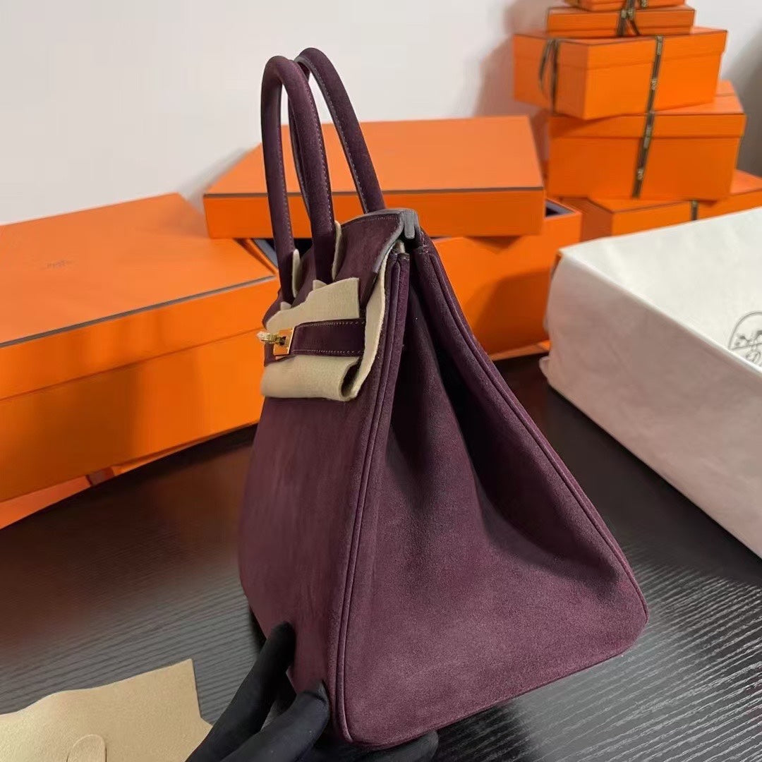 Birkin 30 Retourne in Bordeaux Suede Grizzly with White Stitching (Gold Hardware)
