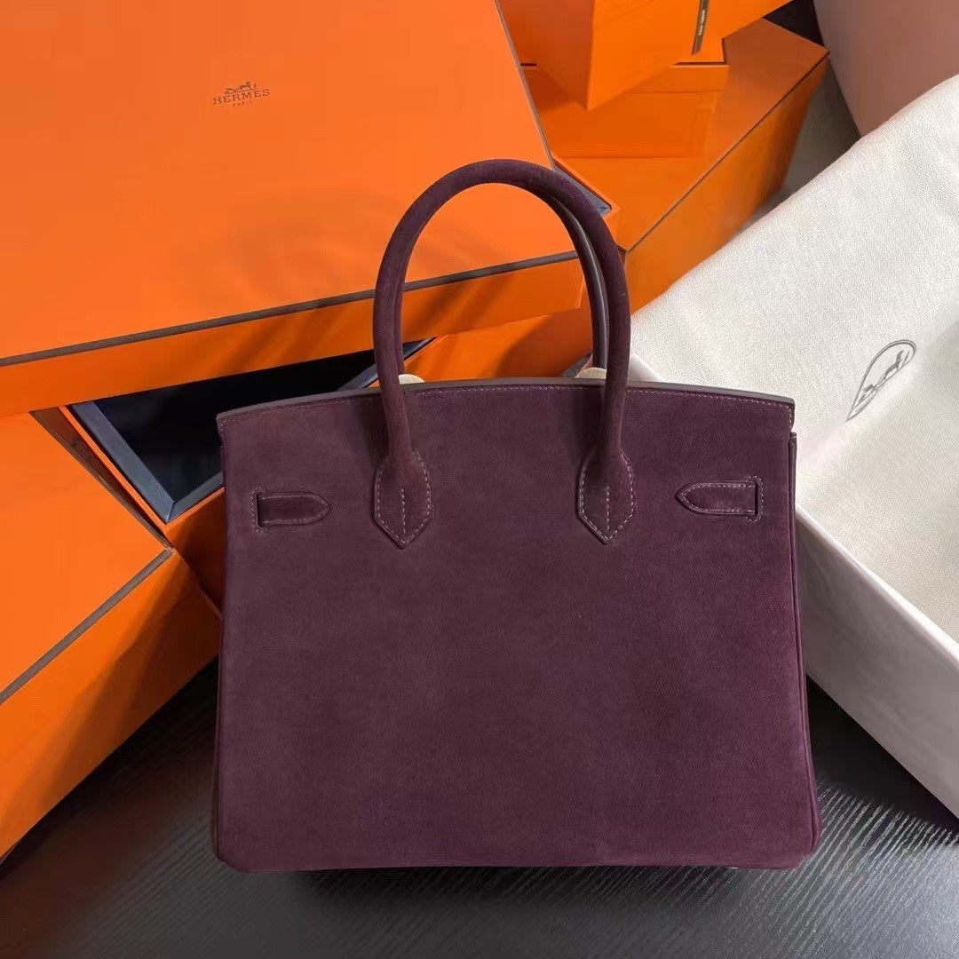 Birkin 30 Retourne in Bordeaux Suede Grizzly with White Stitching (Gold Hardware)