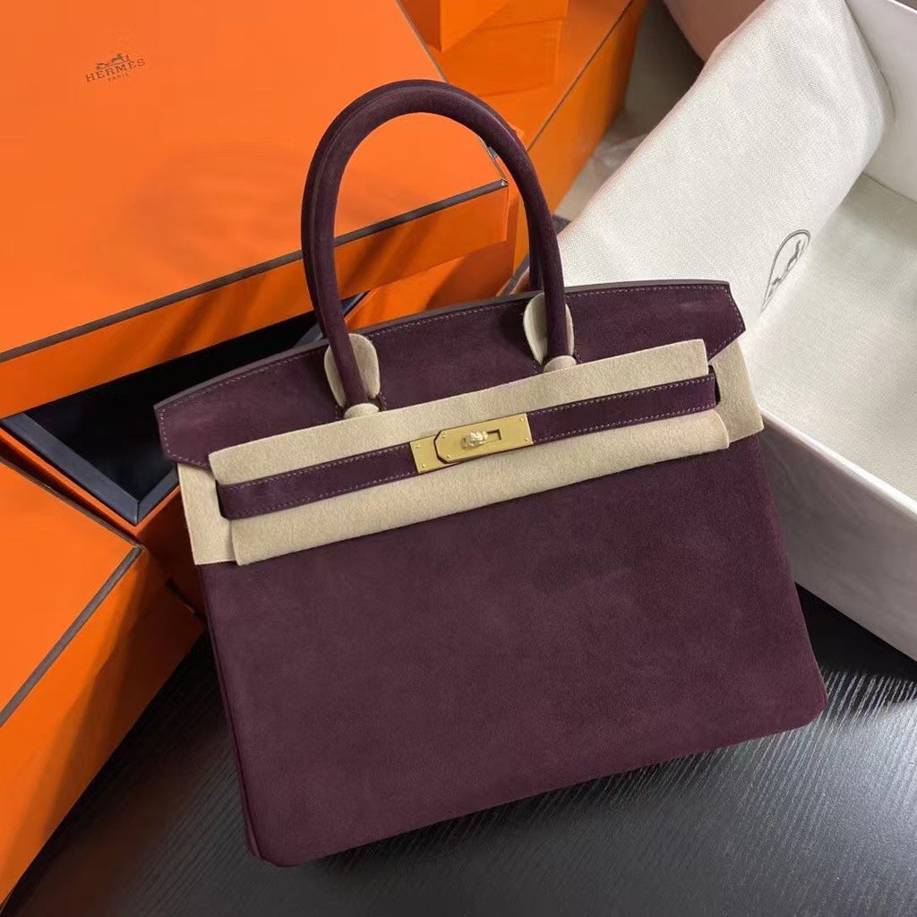 Birkin 30 Retourne in Bordeaux Suede Grizzly with White Stitching (Gold Hardware)