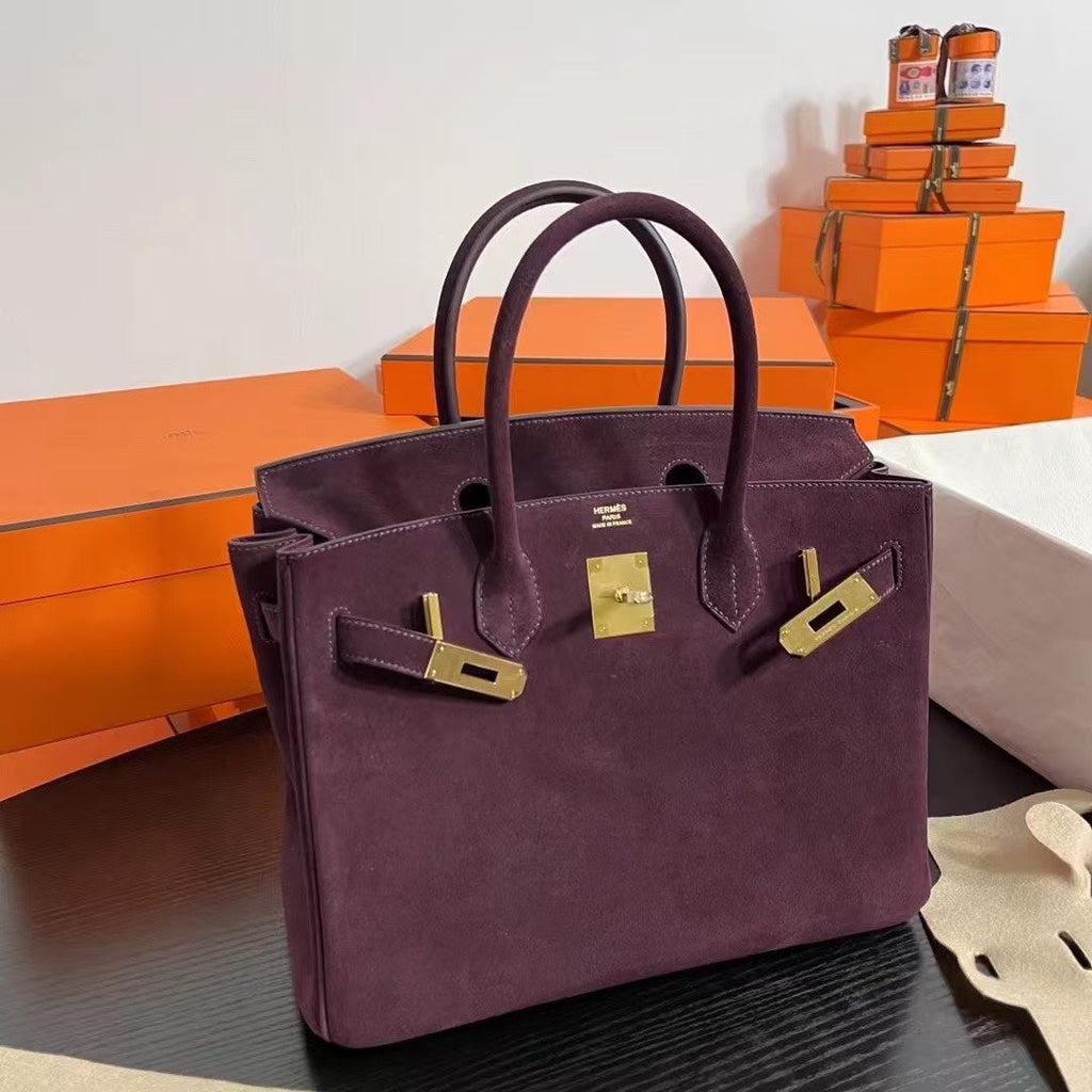 Birkin 30 Retourne in Bordeaux Suede Grizzly with White Stitching (Gold Hardware)