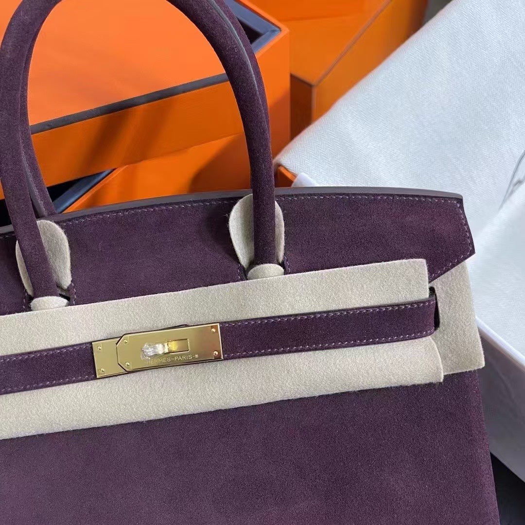 Birkin 30 Retourne in Bordeaux Suede Grizzly with White Stitching (Gold Hardware)