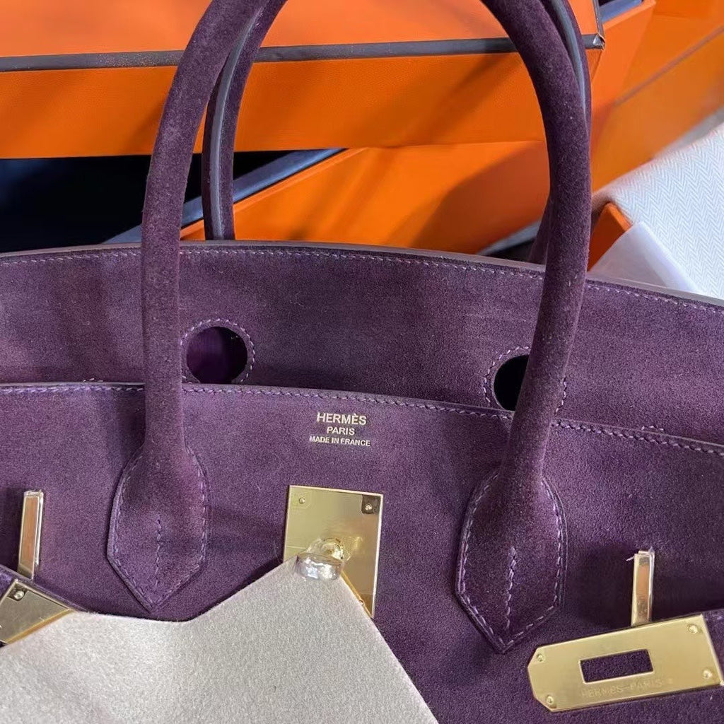 Birkin 30 Retourne in Bordeaux Suede Grizzly with White Stitching (Gold Hardware)