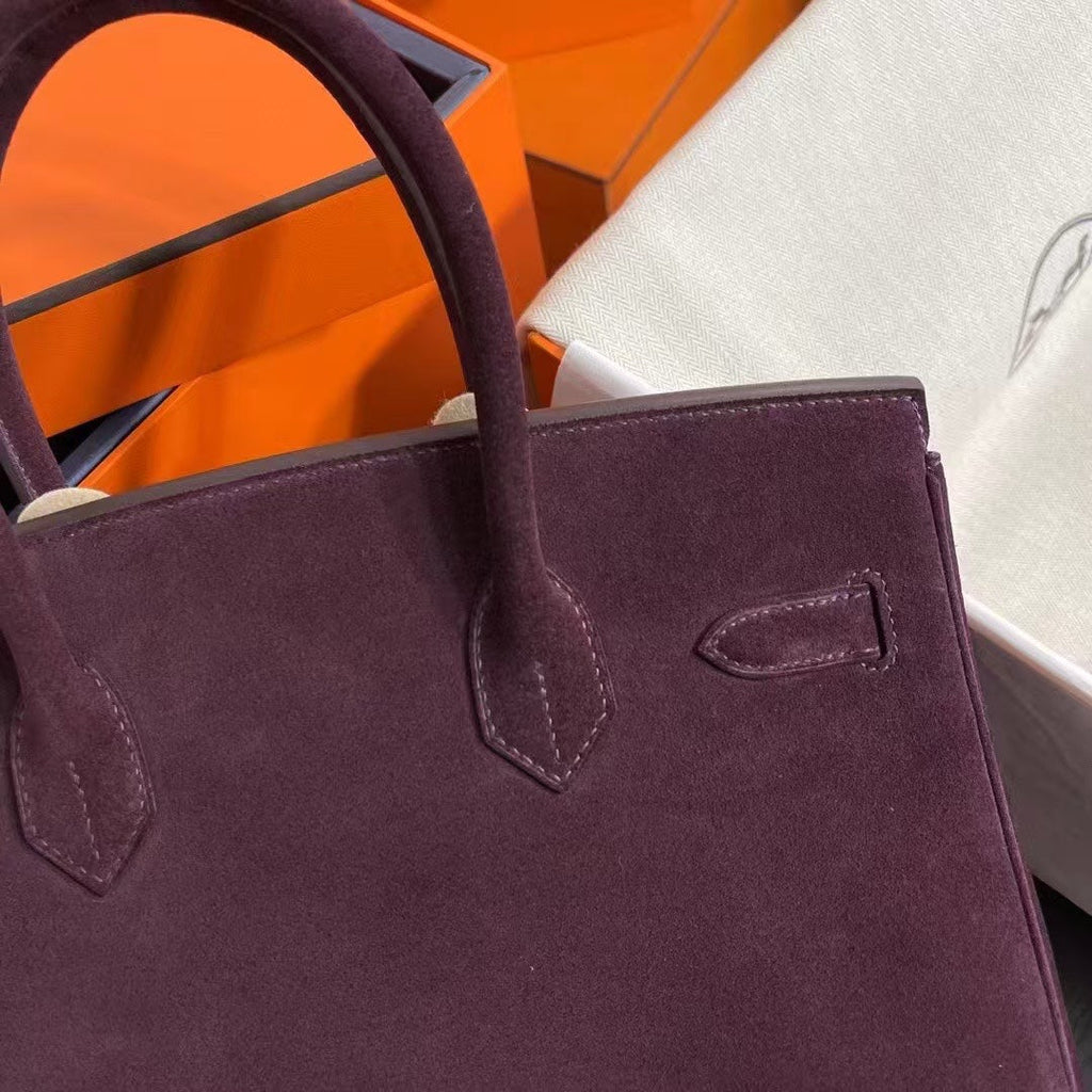 Birkin 30 Retourne in Bordeaux Suede Grizzly with White Stitching (Gold Hardware)