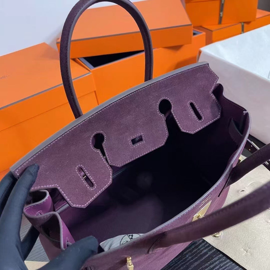 Birkin 30 Retourne in Bordeaux Suede Grizzly with White Stitching (Gold Hardware)