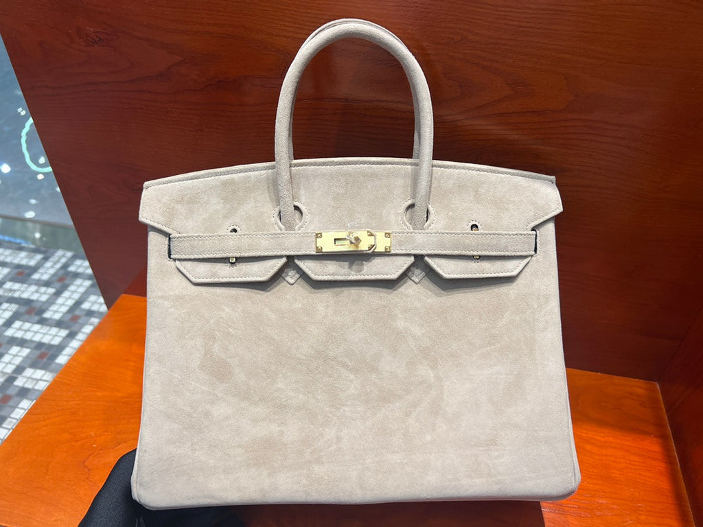 Birkin 35 Retourne in Etoupe Suede Grizzly (Gold Hardware)
