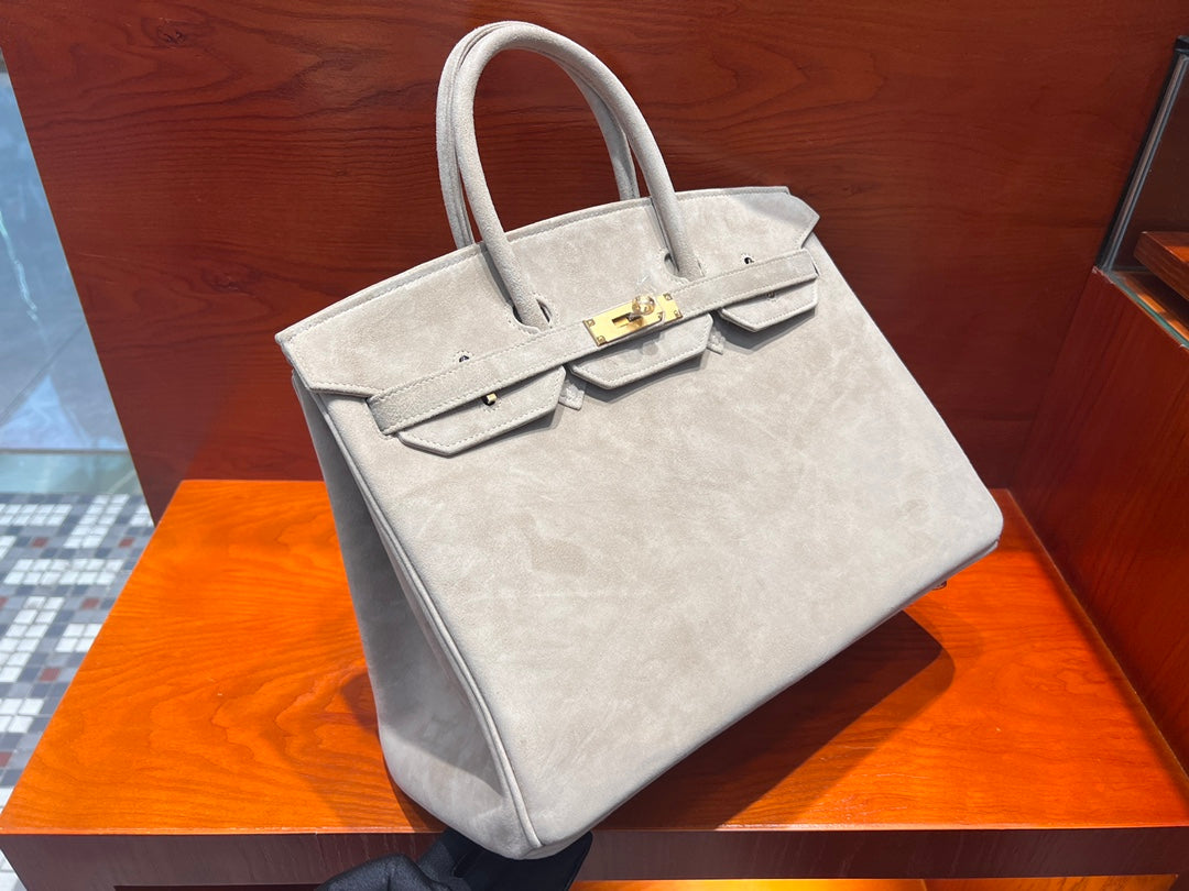 Birkin 35 Retourne in Etoupe Suede Grizzly (Gold Hardware)