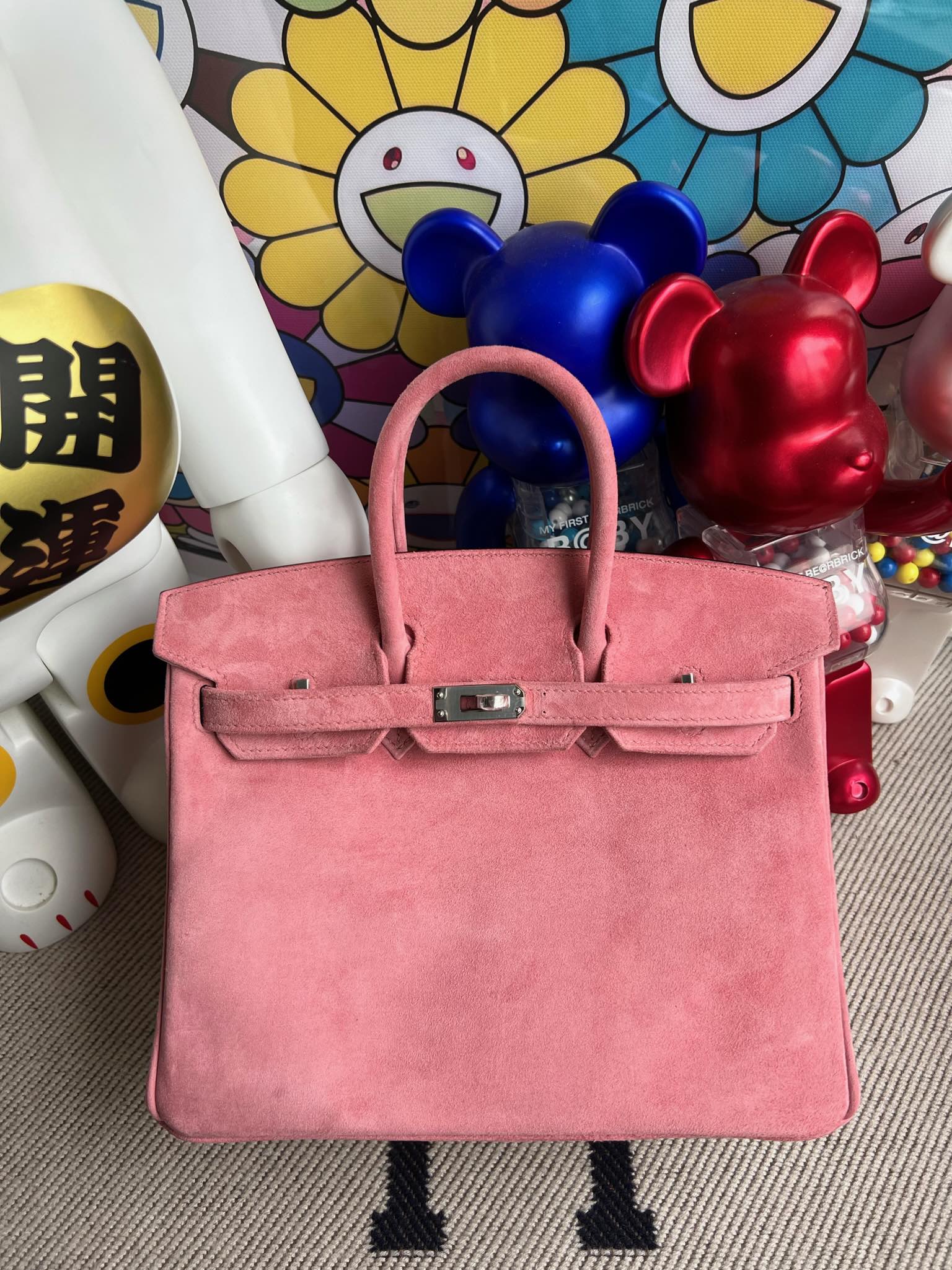 Birkin 25 Retourne in Pink Suede Grizzly (Palladium Hardware)