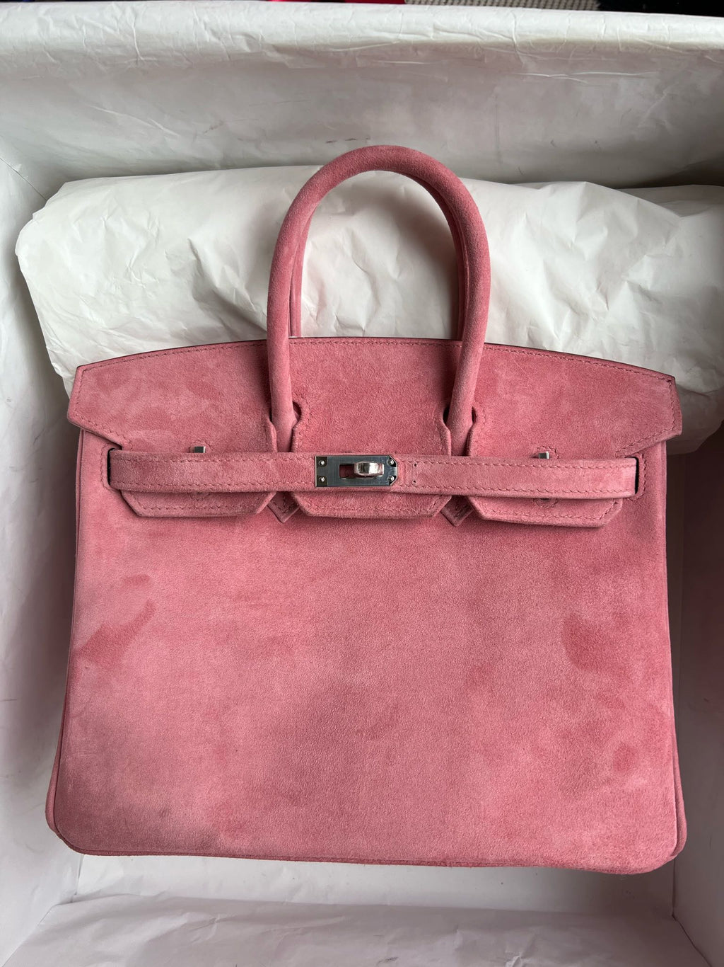 Birkin 25 Retourne in Pink Suede Grizzly (Palladium Hardware)