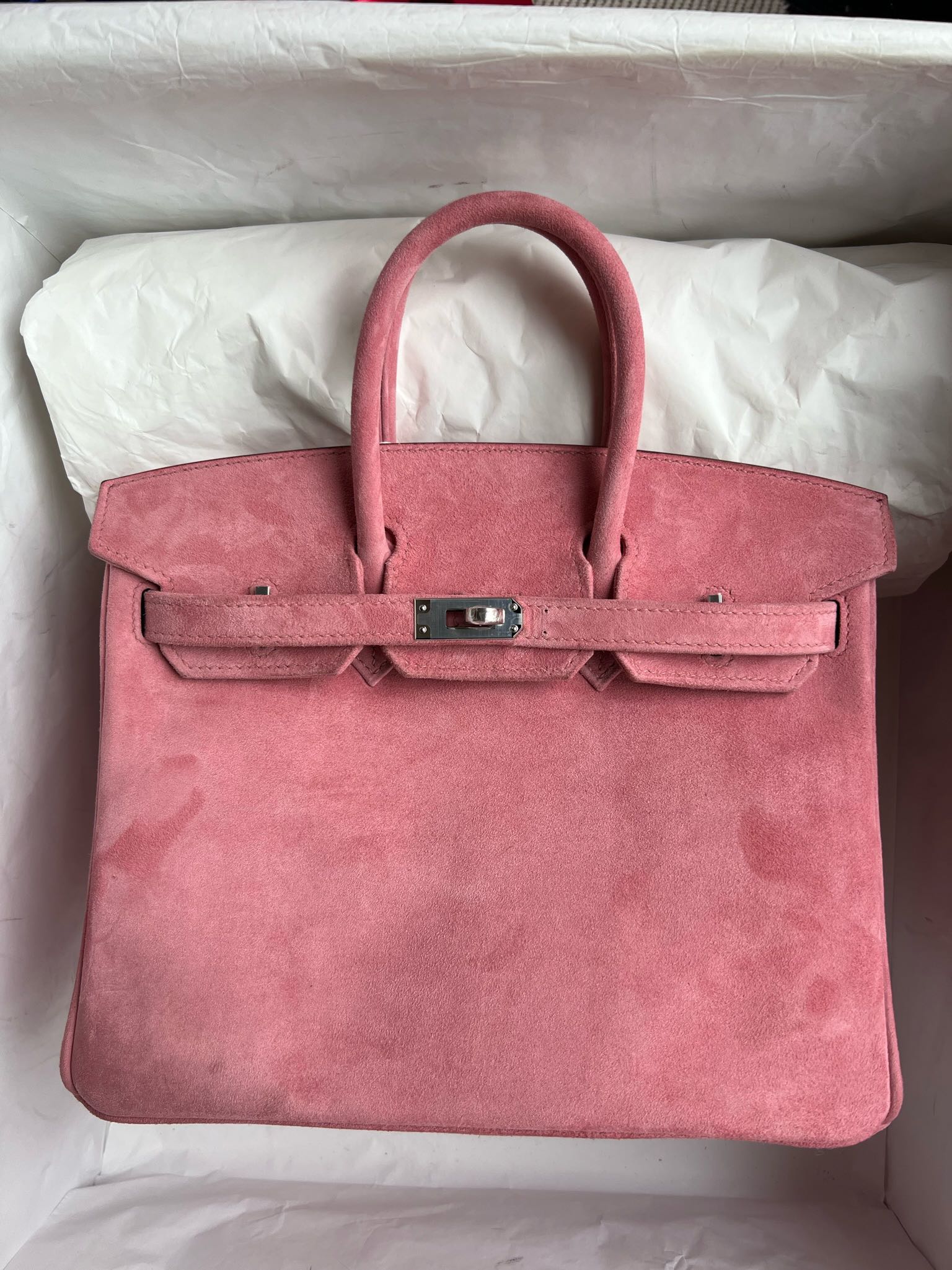 Birkin 25 Retourne in Pink Suede Grizzly (Palladium Hardware)