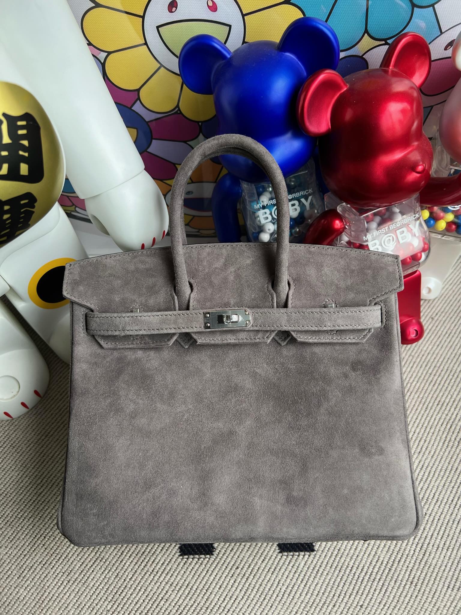 Birkin 25 Retourne in Grey Suede Grizzly (Palladium Hardware)