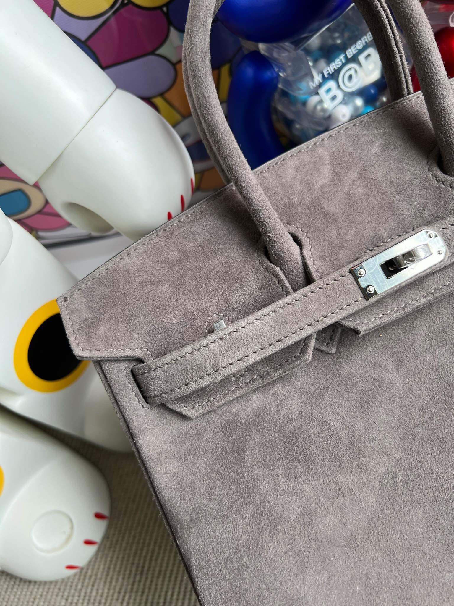 Birkin 25 Retourne in Grey Suede Grizzly (Palladium Hardware)