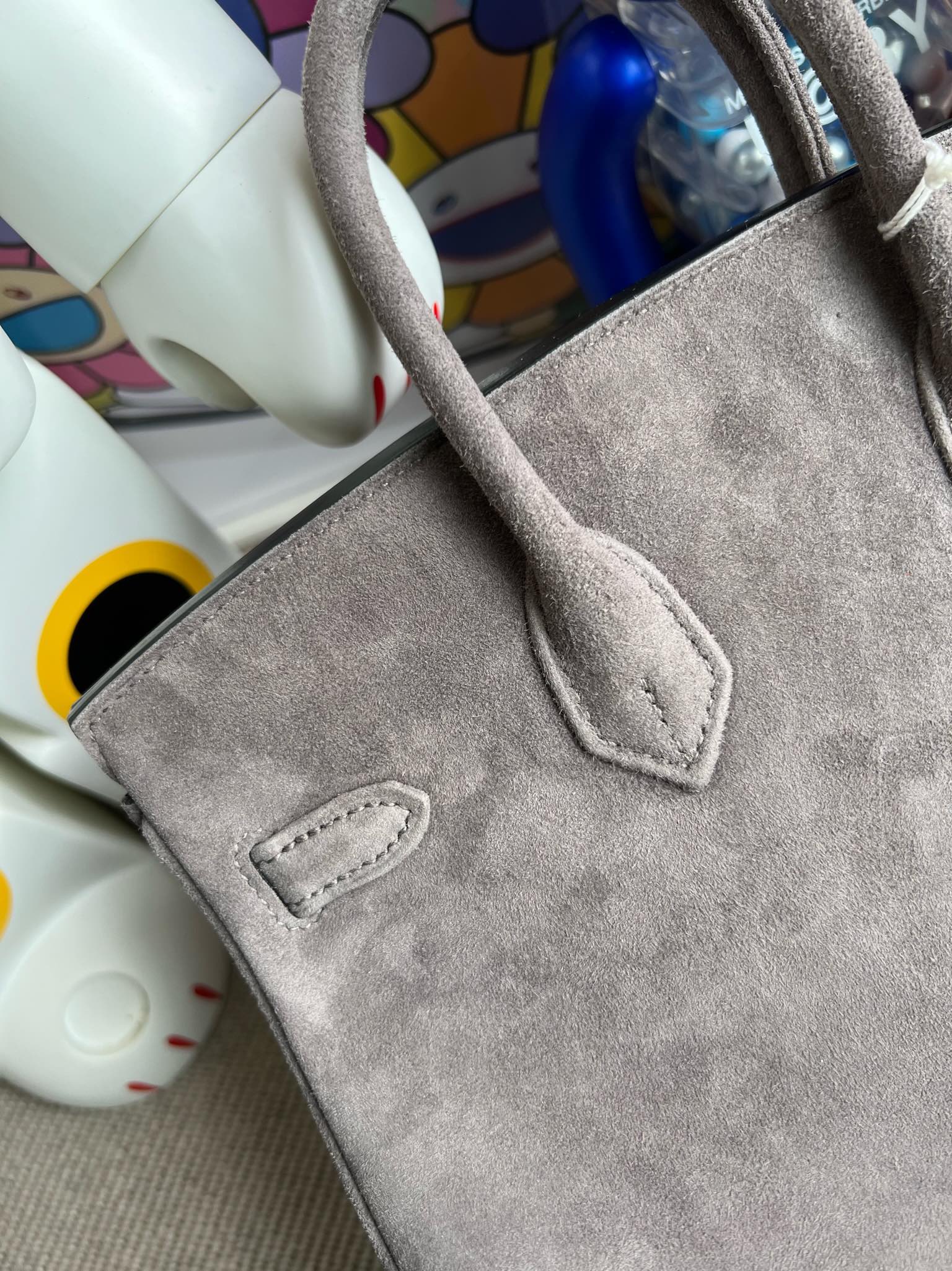 Birkin 25 Retourne in Grey Suede Grizzly (Palladium Hardware)
