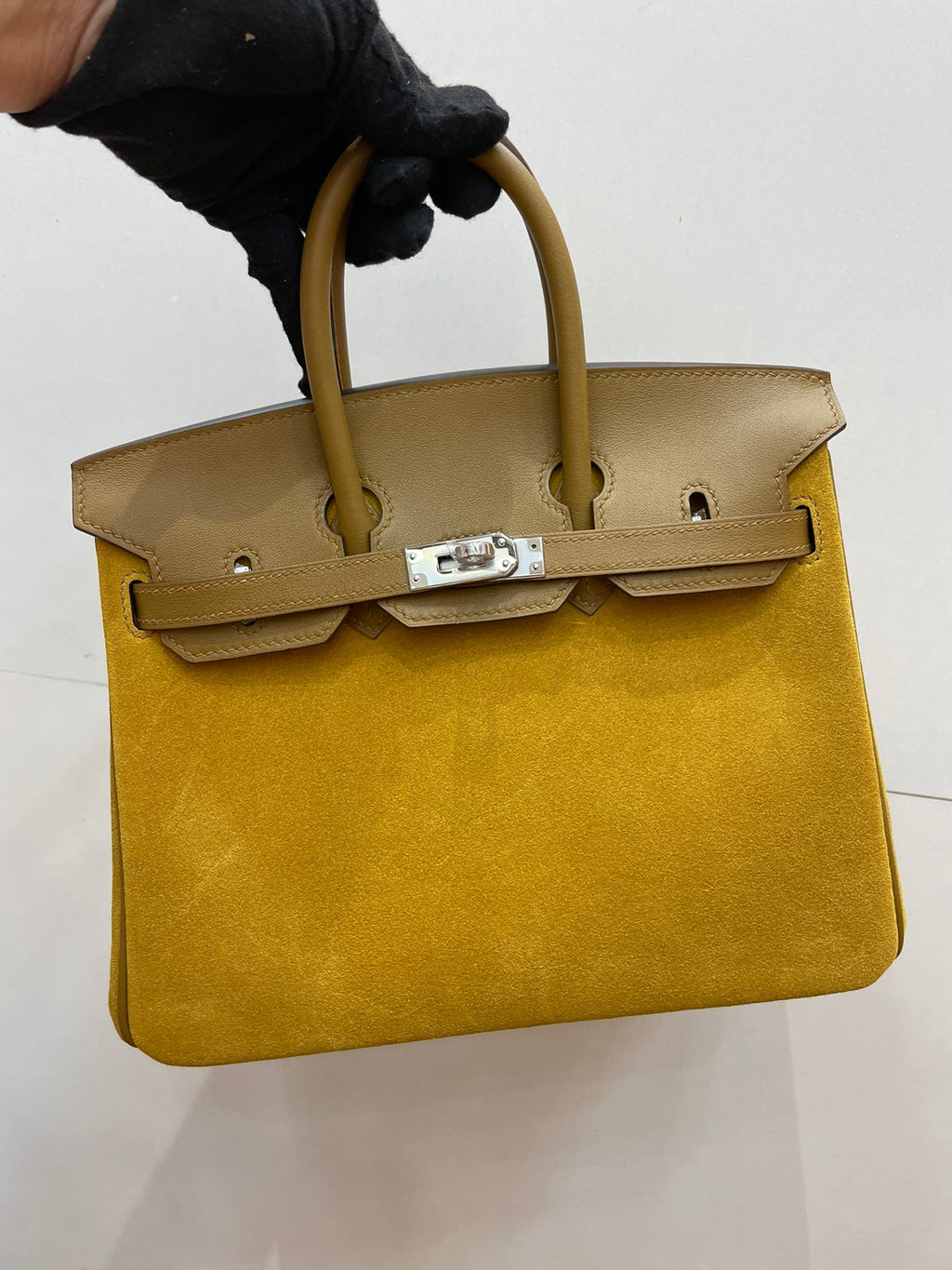 Birkin 25 Retourne in Yellow Swift Leather and Suede Grizzly (Palladium Hardware)