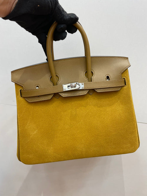Birkin 25 Retourne in Yellow Swift Leather and Suede Grizzly (Palladium Hardware)