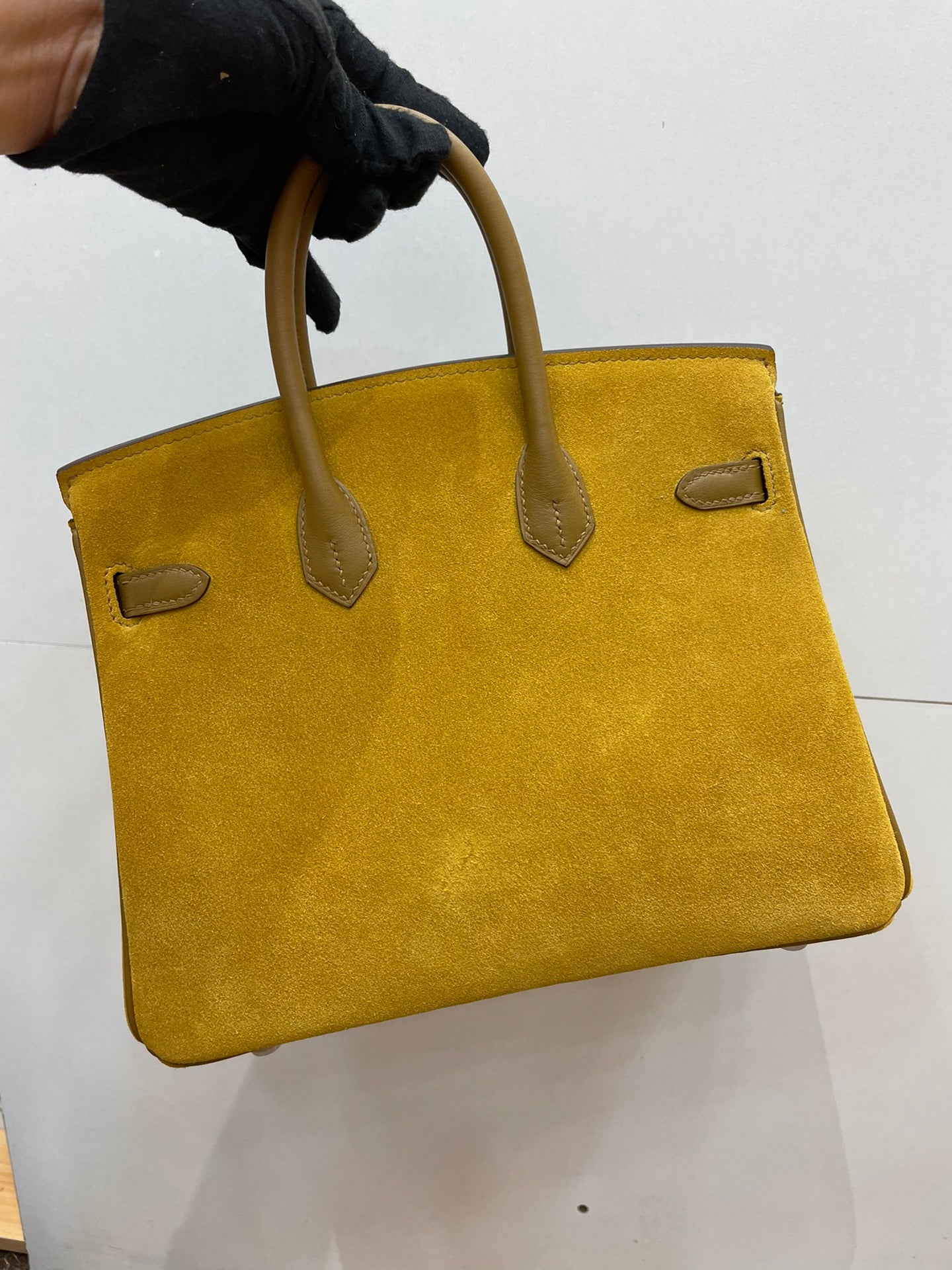 Birkin 25 Retourne in Yellow Swift Leather and Suede Grizzly (Palladium Hardware)