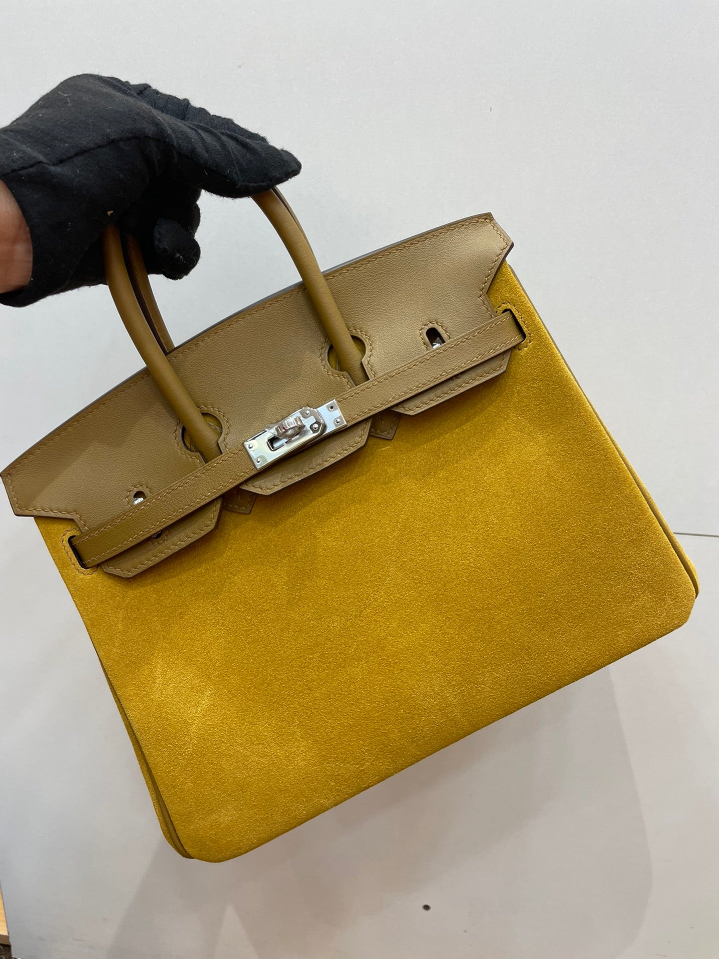 Birkin 25 Retourne in Yellow Swift Leather and Suede Grizzly (Palladium Hardware)