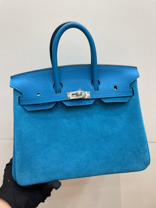 Birkin 25 Retourne in Bleu Zanzibar Swift Leather and Suede Grizzly (Palladium Hardware)