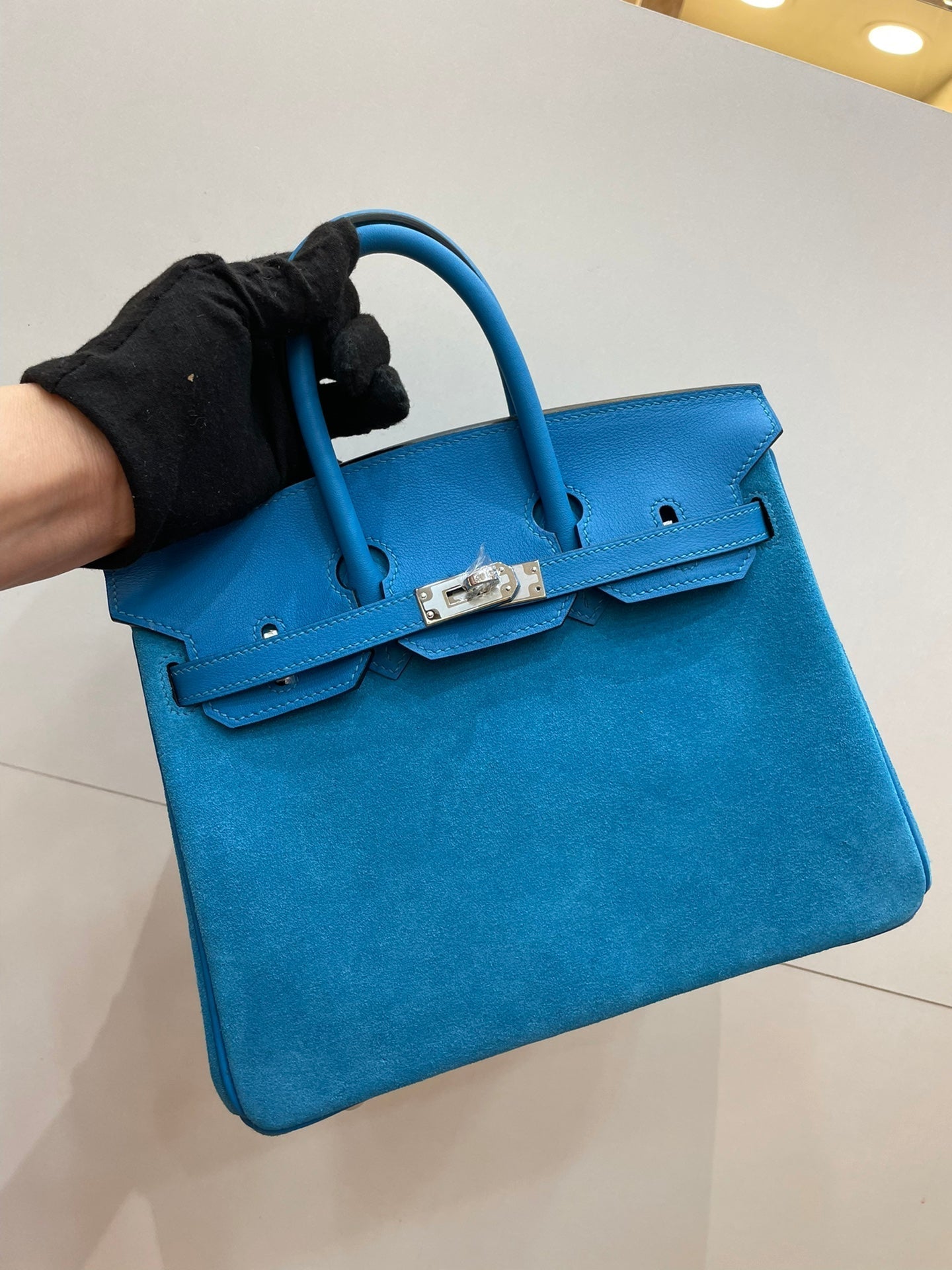 Birkin 25 Retourne in Bleu Zanzibar Swift Leather and Suede Grizzly (Palladium Hardware)
