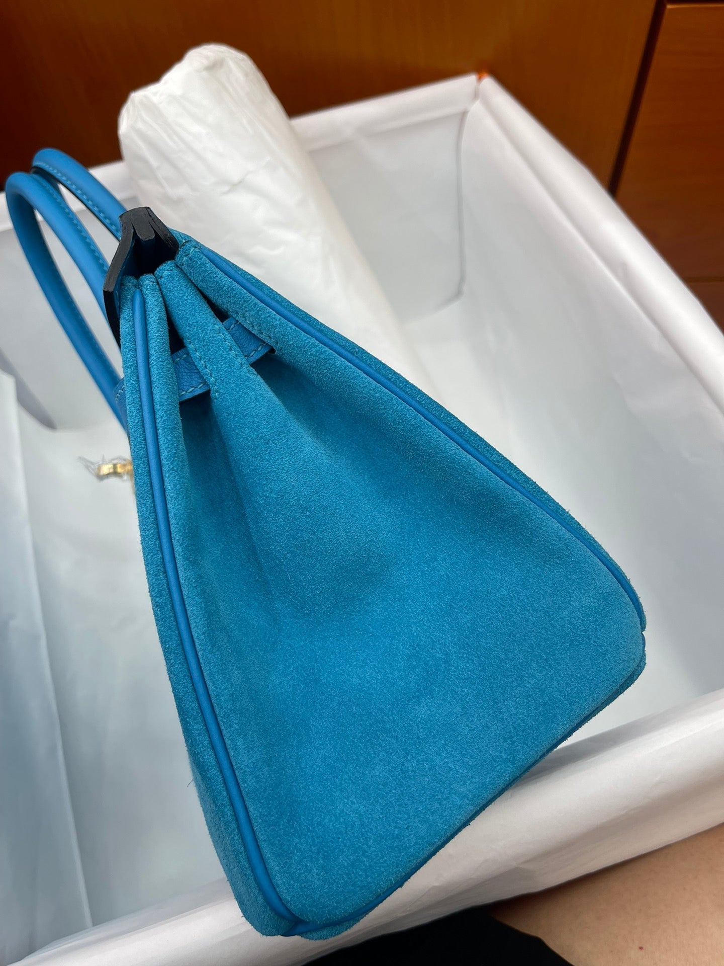 Rare Runaway Birkin 25cm Grizzly Tanzanite Blue Suede Luxury Tote