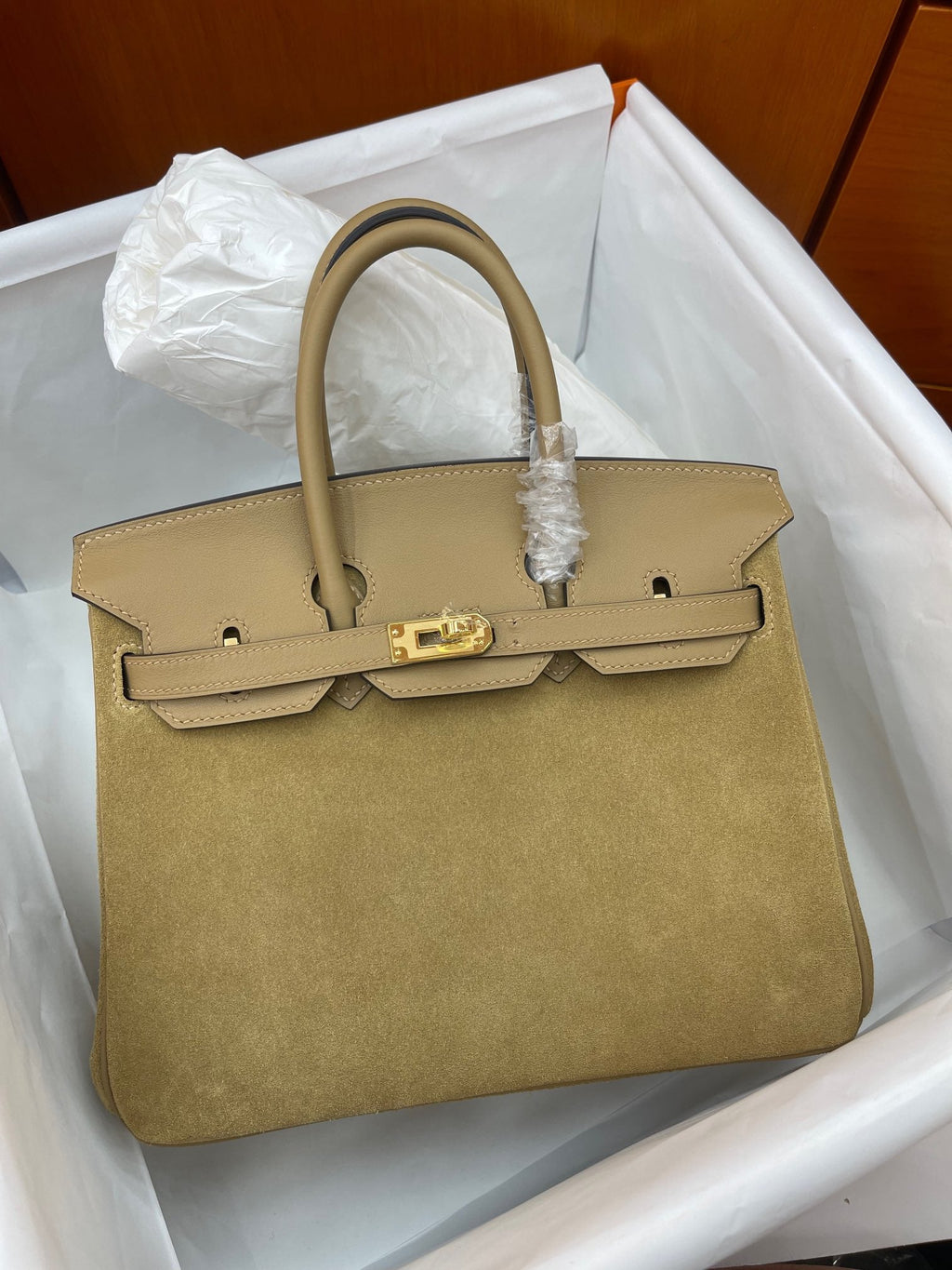 Elegant Neutral Birkin 25cm Grizzly Beige Suede Luxury Top-Handle Tote