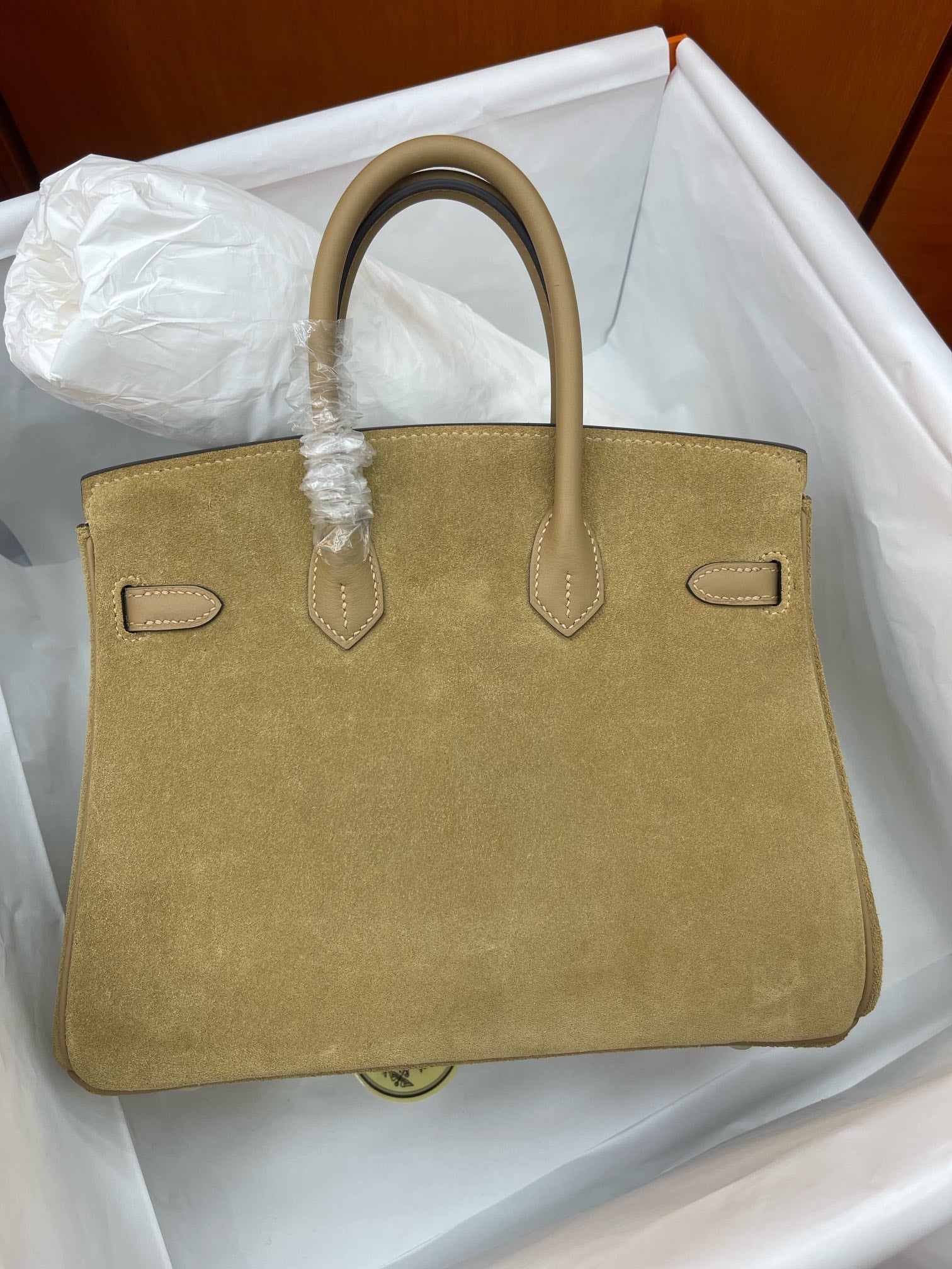 Elegant Neutral Birkin 25cm Grizzly Beige Suede Luxury Top-Handle Tote