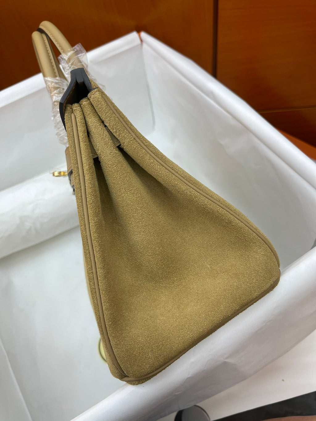 Elegant Neutral Birkin 25cm Grizzly Beige Suede Luxury Top-Handle Tote
