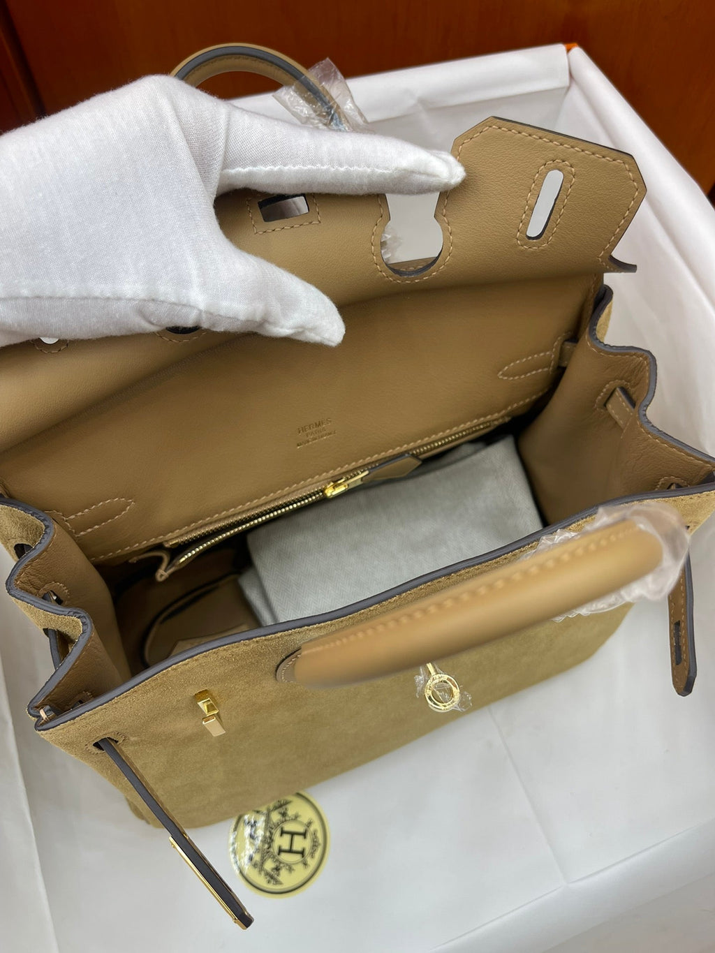 Elegant Neutral Birkin 25cm Grizzly Beige Suede Luxury Top-Handle Tote