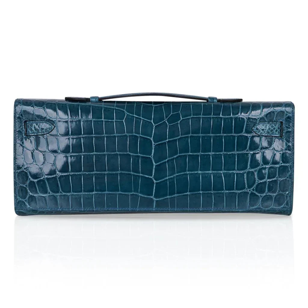 Kelly Cut Bag Blue Colvert Crocodile with Gold Hardware
