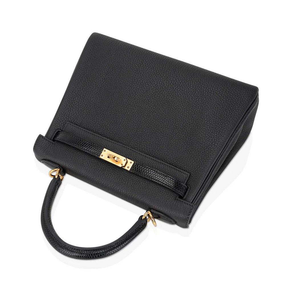 Kelly Touch 25 Retourne Bag Black Lizard Togo Leather Gold Hardware