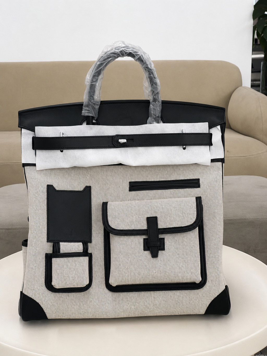 Birkin Cargo 40 Black Leather and Ecru Canvas Multi-Pocket Bag