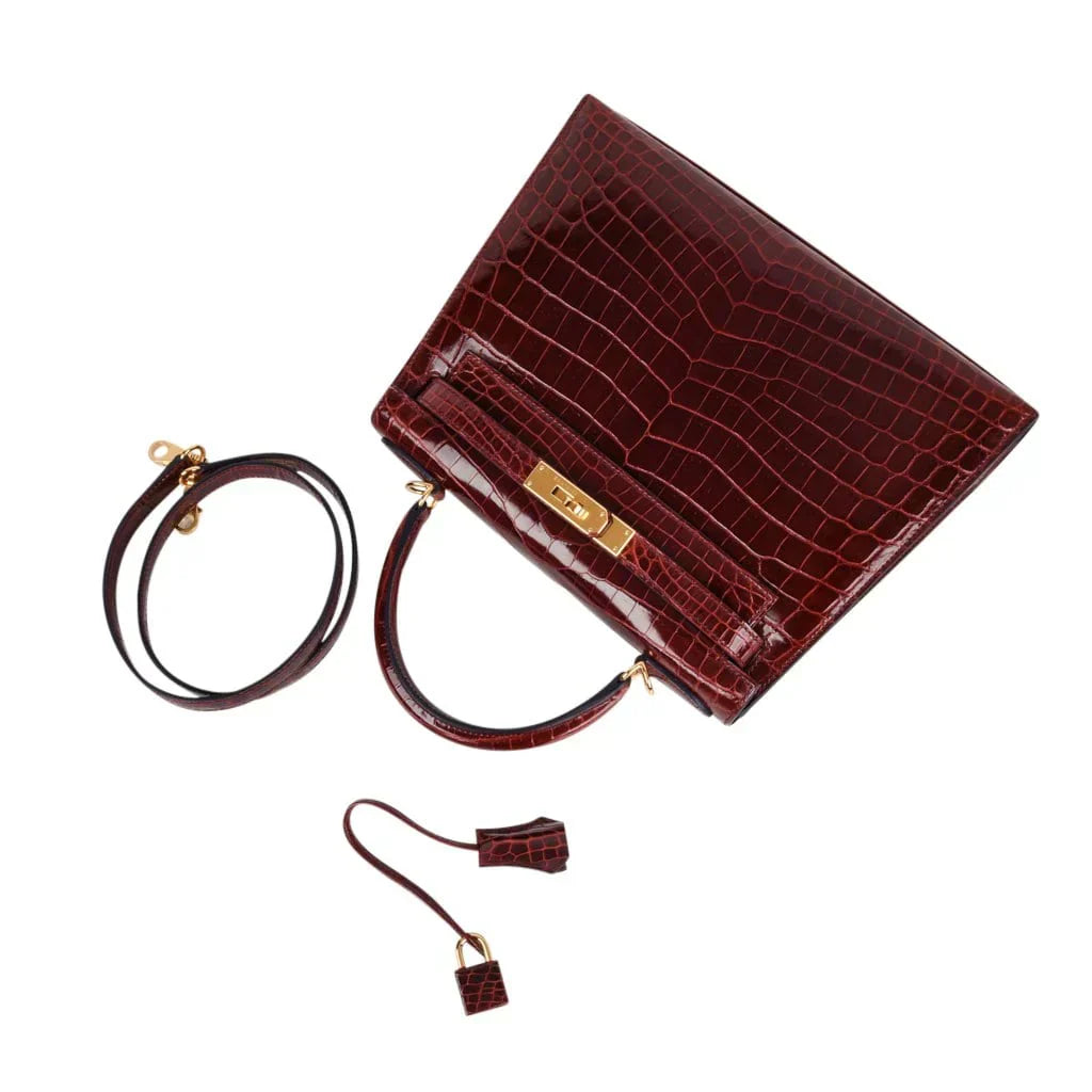Kelly 28 Bag Sellier Bourgogne Red Navy Contour Crocodile Gold Hardware
