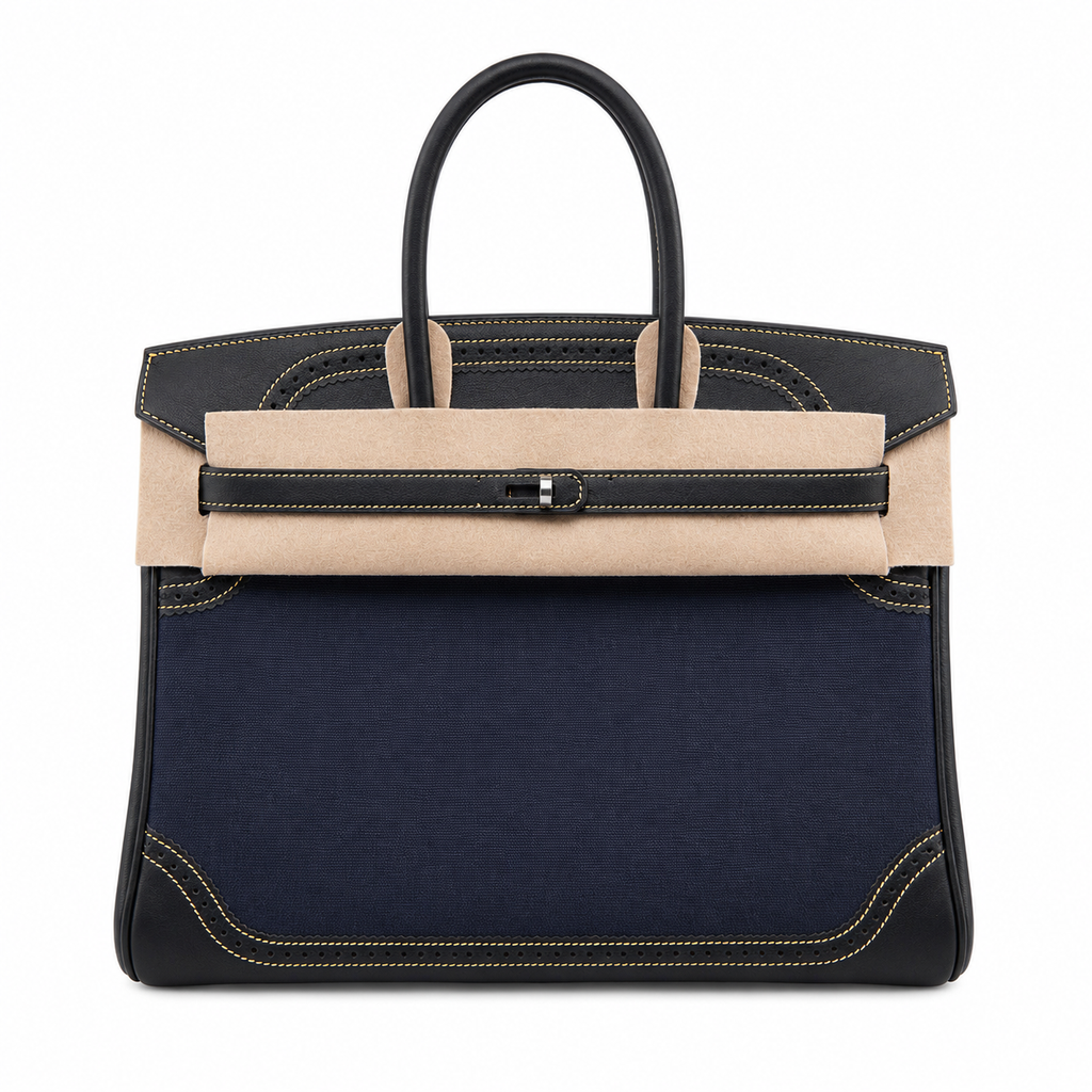 Birkin Ghillies 30 Black Leather and Navy Blue Denim Splicing Bag