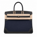 Birkin Ghillies 30 Black Leather and Navy Blue Denim Splicing Bag