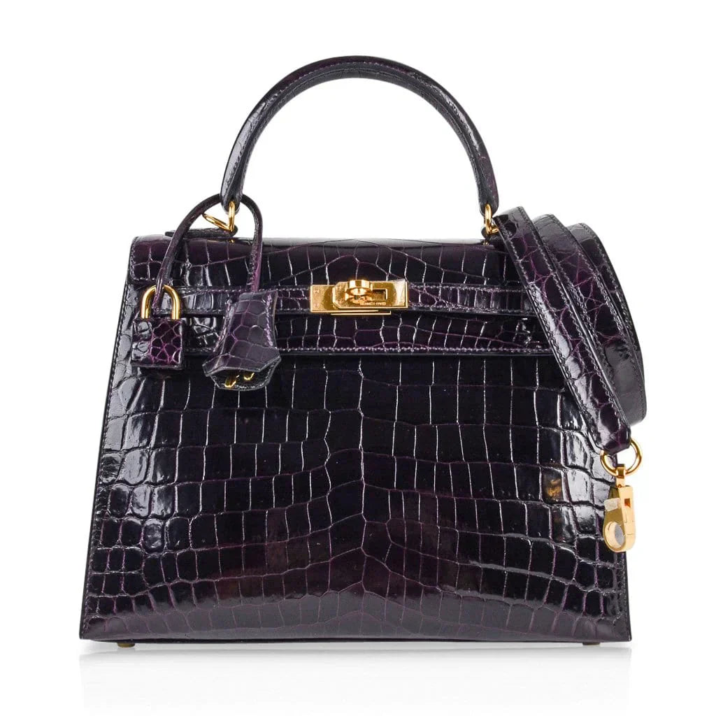Kelly 25 Bag Sellier Crocodile Prunoir Gold Hardware