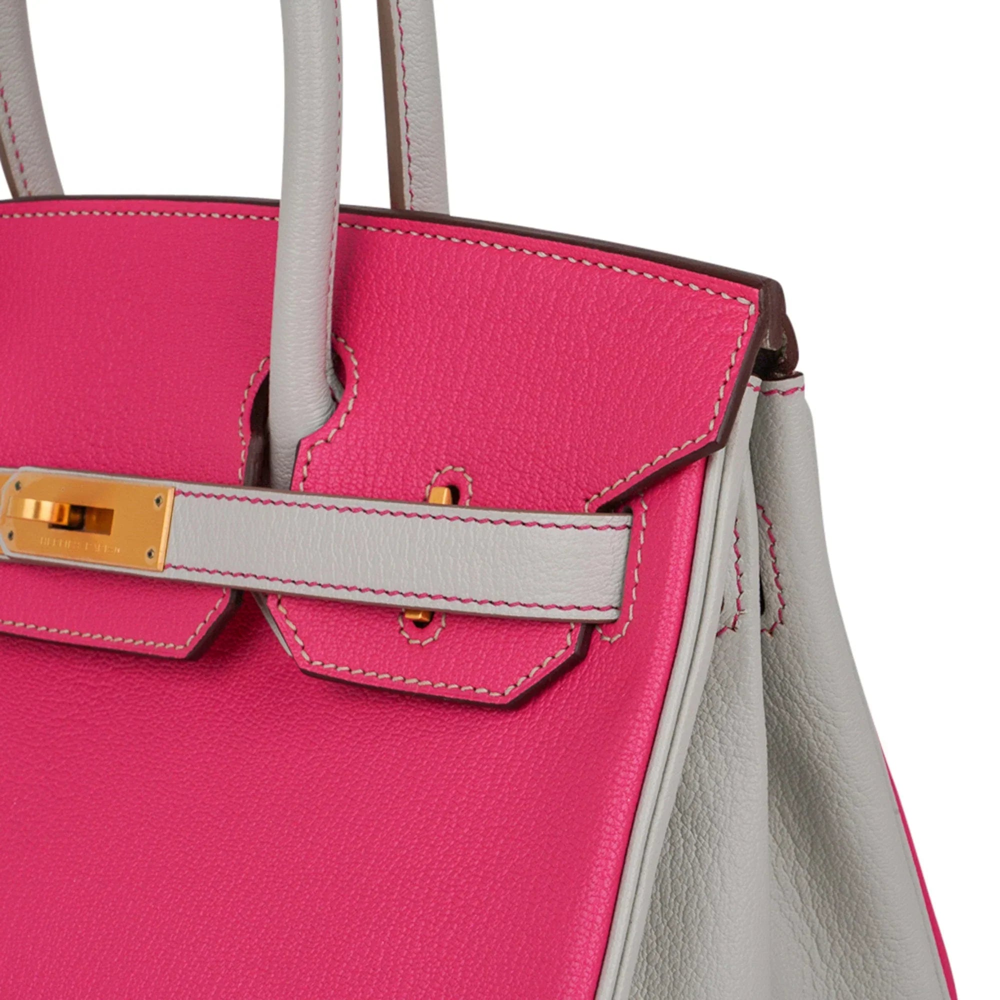 Special Order HSS Birkin 30 Bag Rose Shocking & Gris Perle Chevre Leather with Brushed Gold Hardware