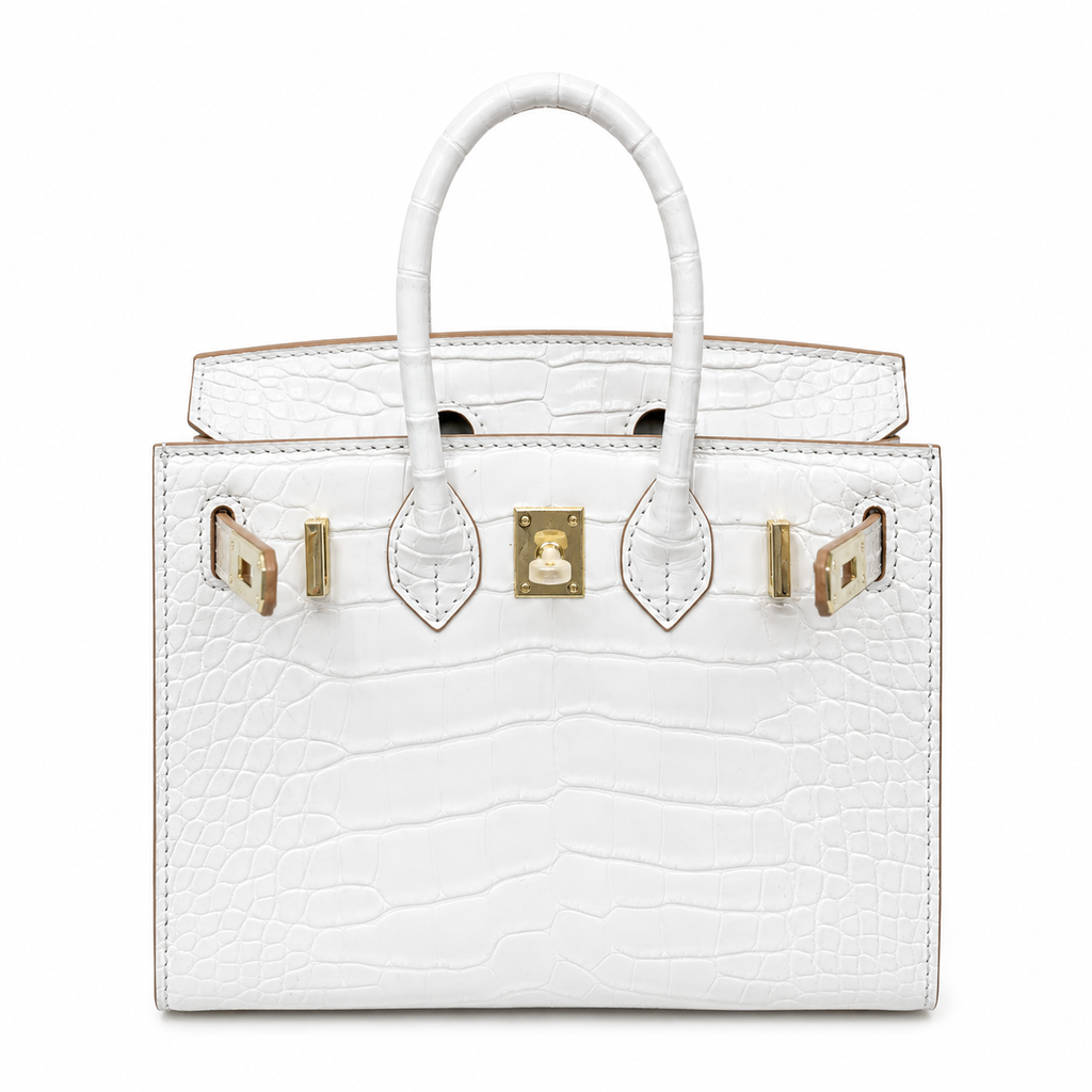 Mini Birkin 20cm Outer Stitching Tote Bag in Pure White Crocodile Pattern