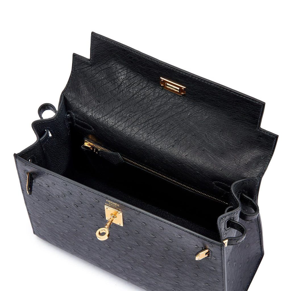 Kelly 25 Sellier Black Ostrich Gold Hardware