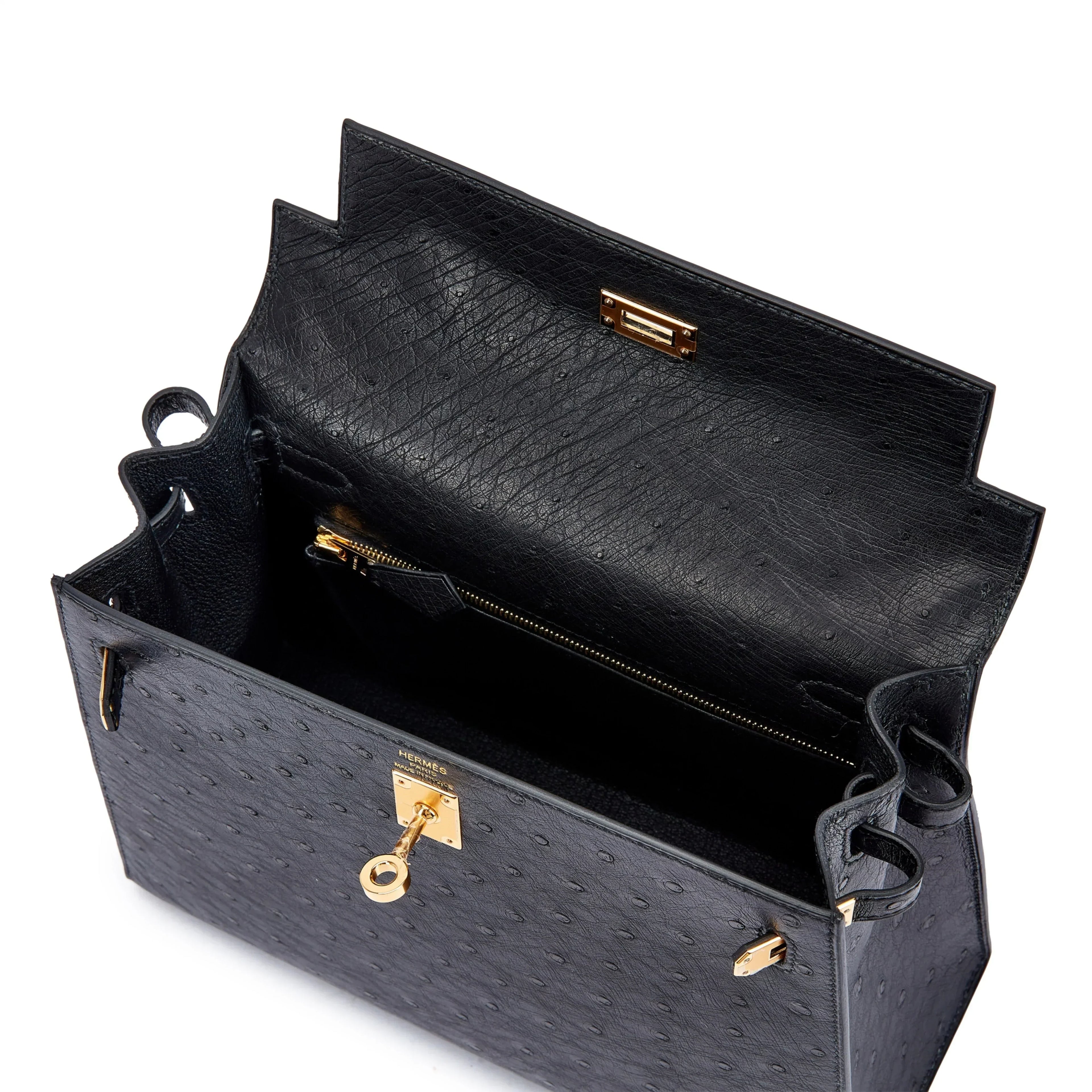 Kelly 25 Sellier Black Ostrich Gold Hardware