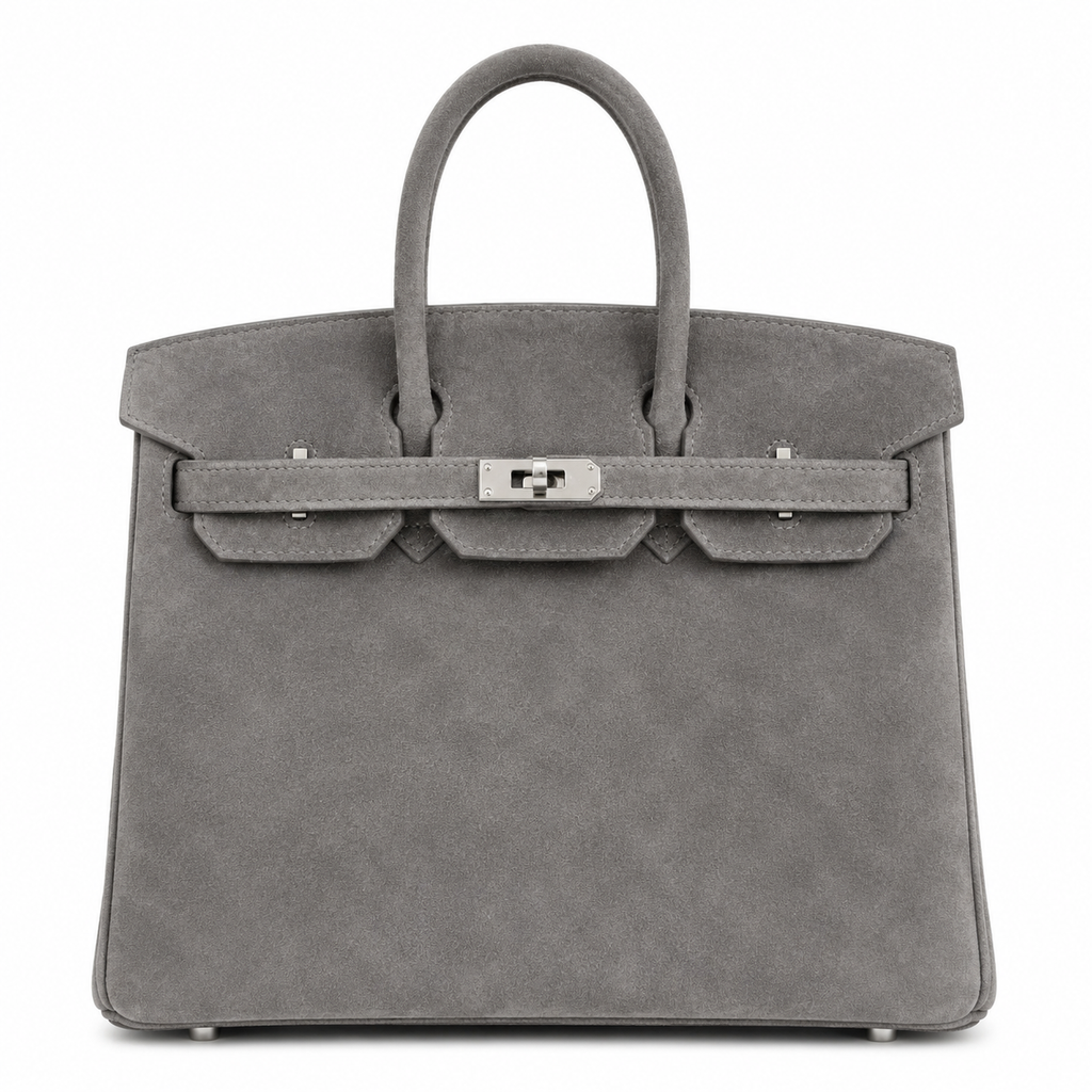Birkin 25 Retourne in Grey Suede Grizzly (Palladium Hardware)