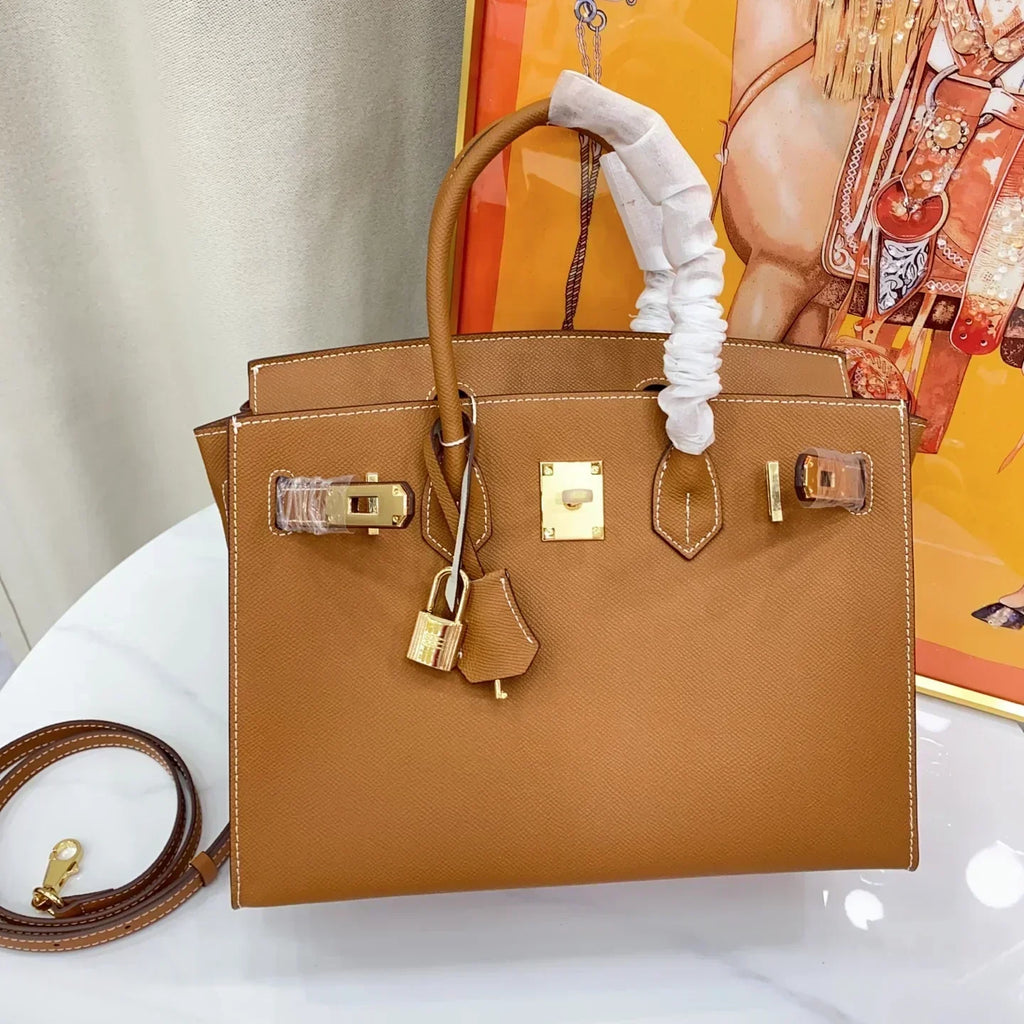 Birkin Sellier 25 Gold Epsom Leather Rolled Handles Gold Hardware Handbag