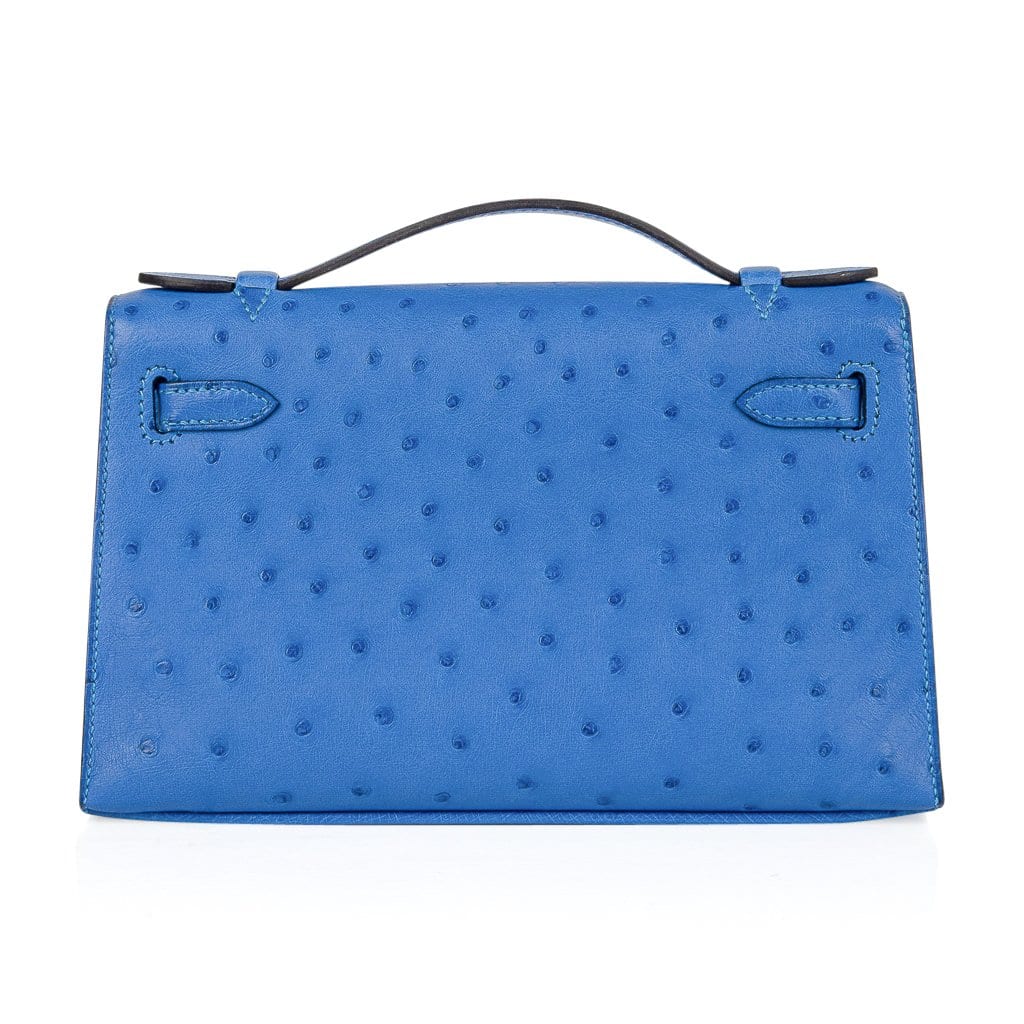 Kelly Pochette Bag Bleuet Ostrich Clutch Gold Hardware