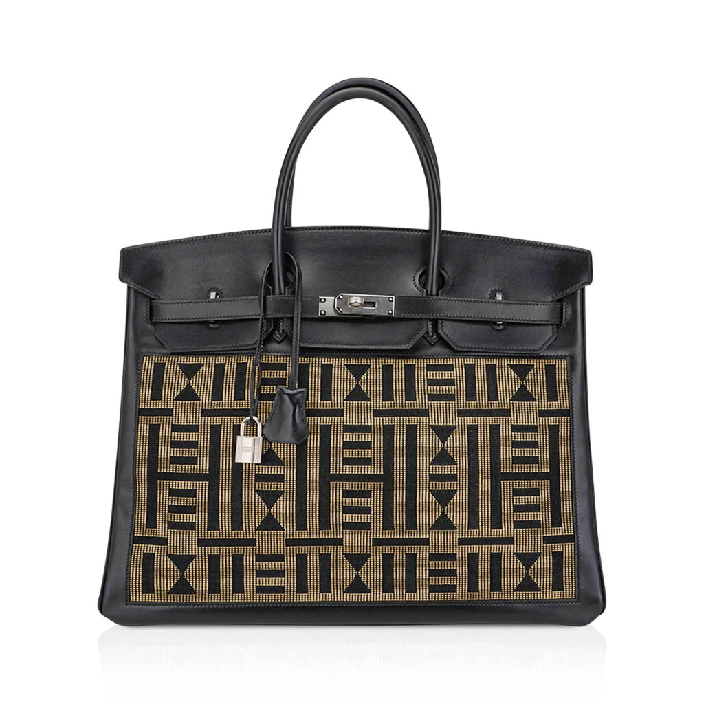 Limited Edition Vintage Horizons Birkin 40 Black Box Leather with Gold Embroidered Toile