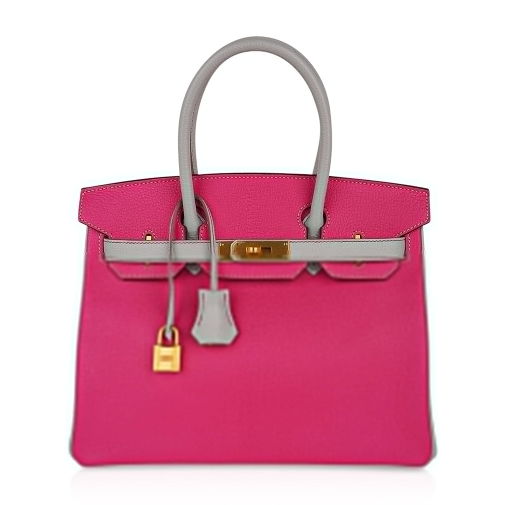 Special Order HSS Birkin 30 Bag Rose Shocking & Gris Perle Chevre Leather with Brushed Gold Hardware